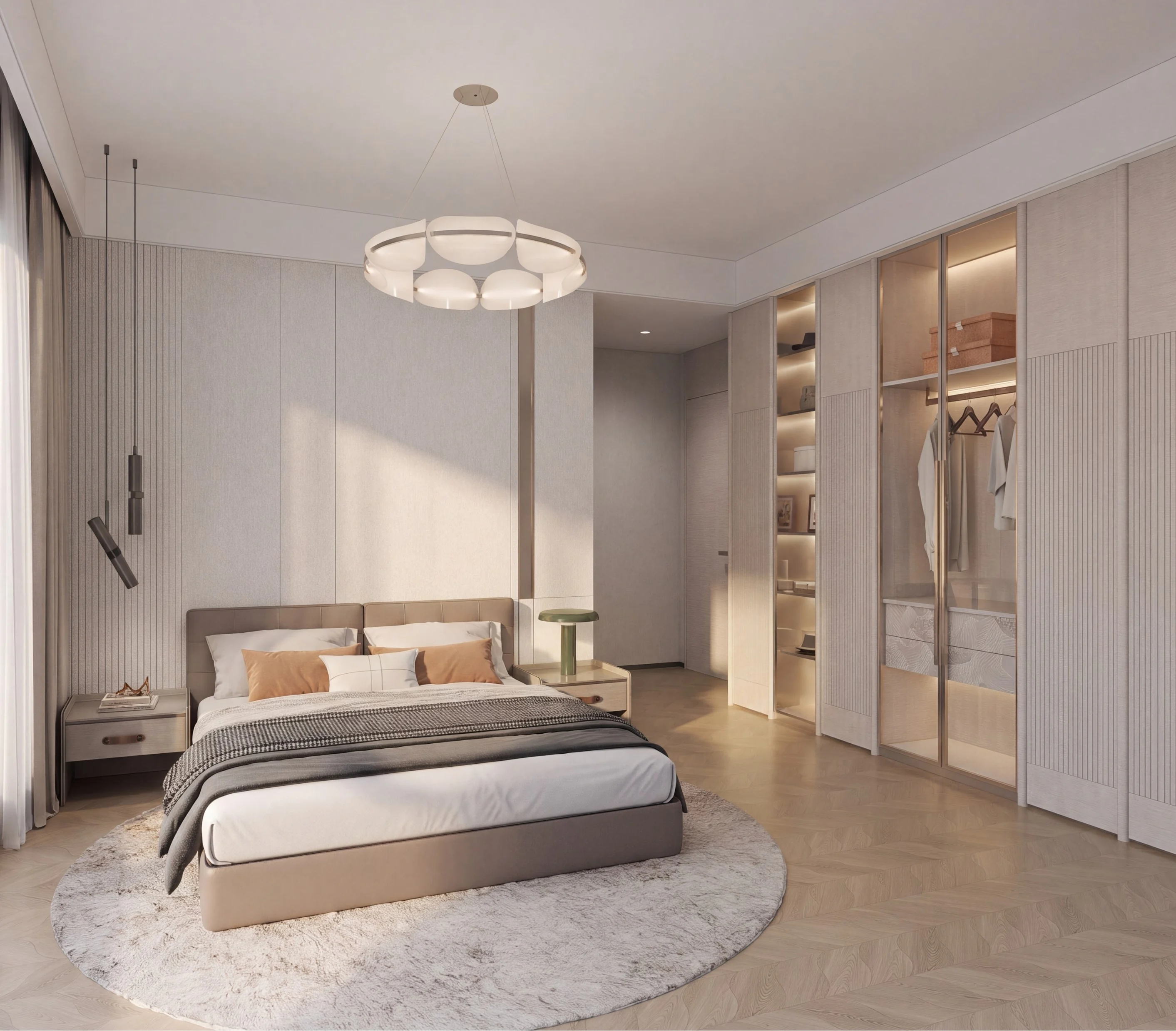 Interior render of a bedroom viewed from the foot of the bed