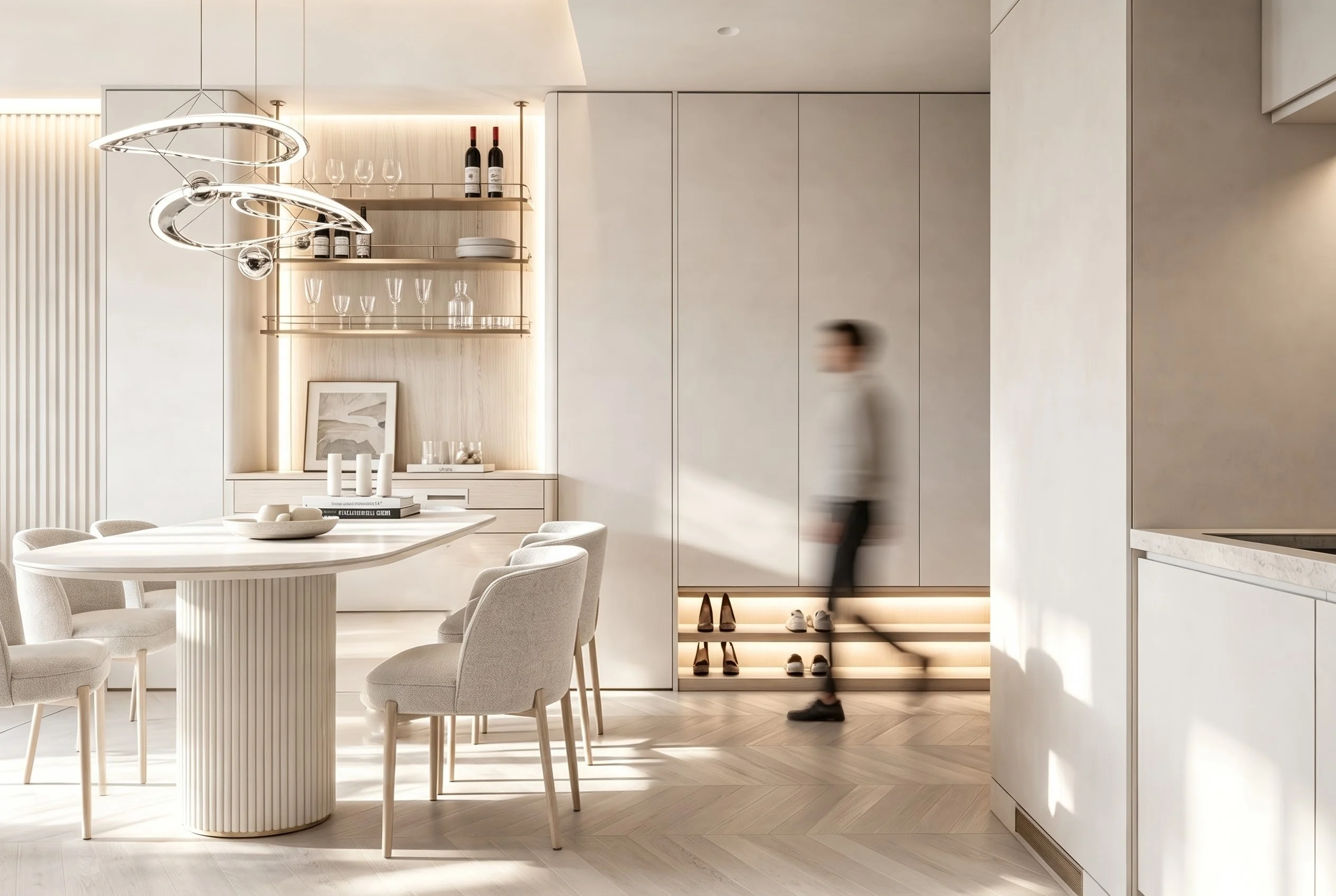 Interior render of a dining setting beside the kitchen