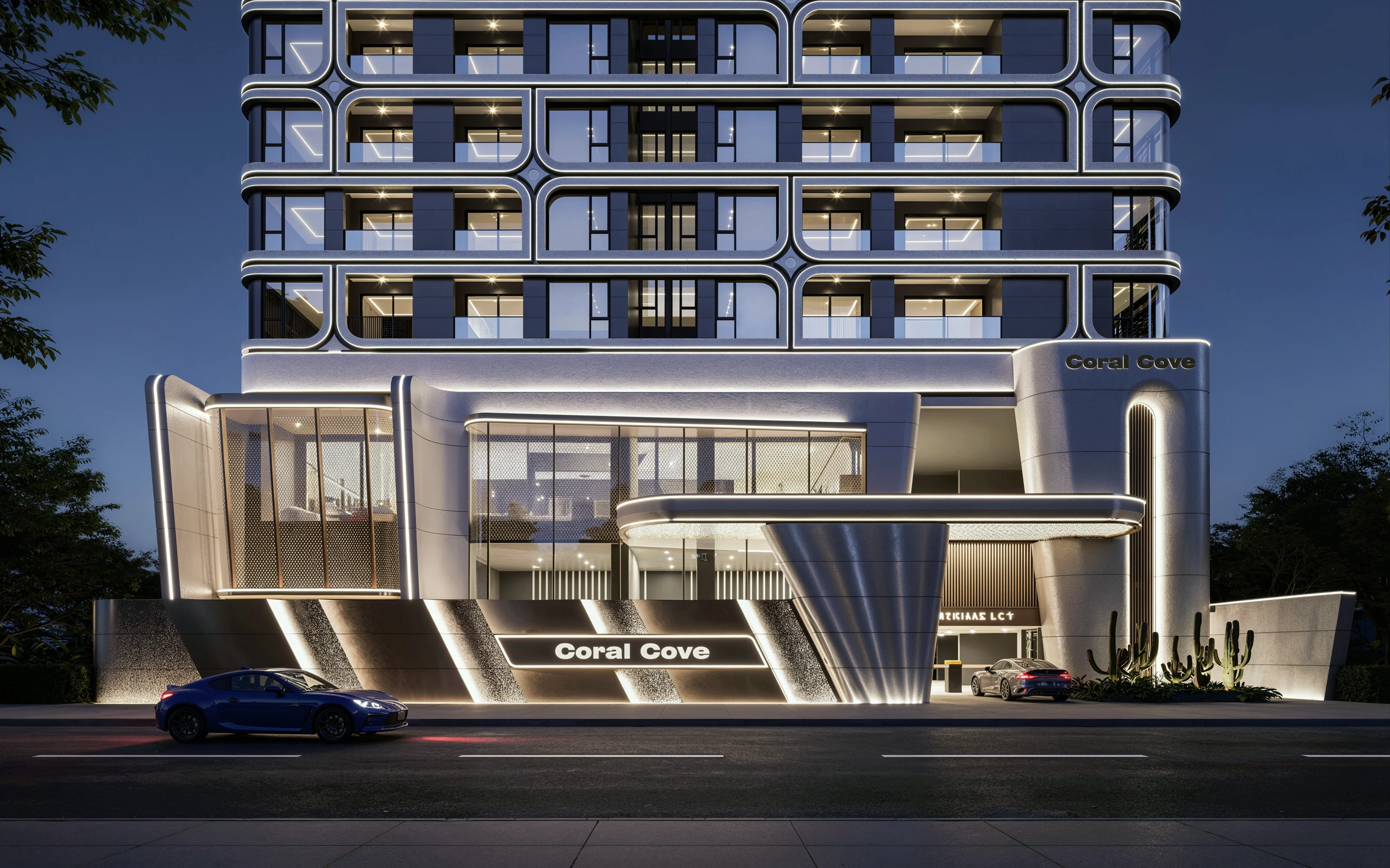 Architectural render of the entrance illuminated at night