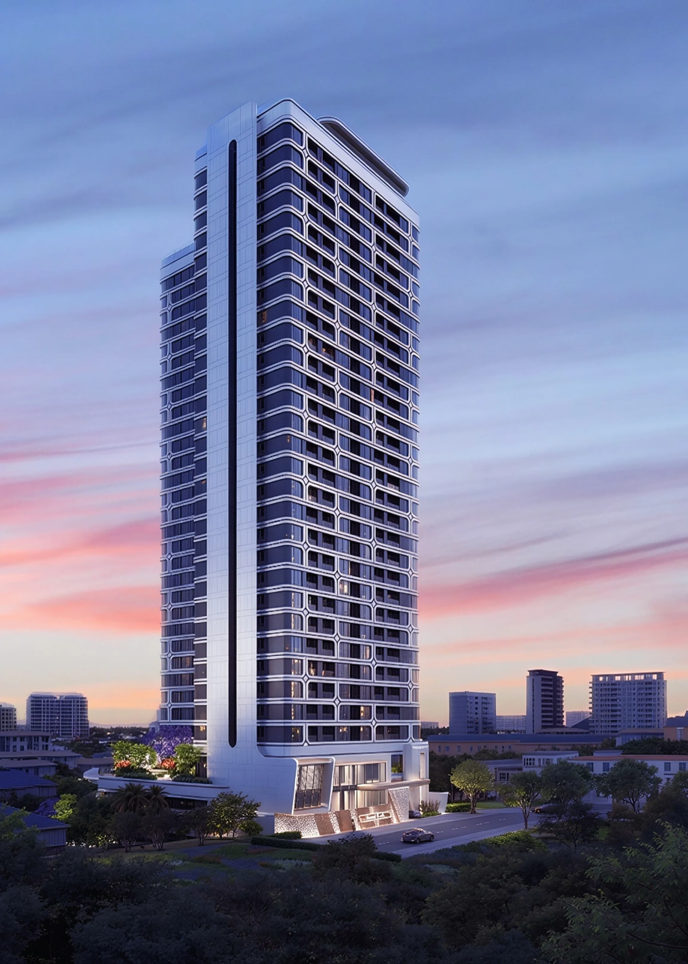 Portrait architectural render of the tower against the skyline