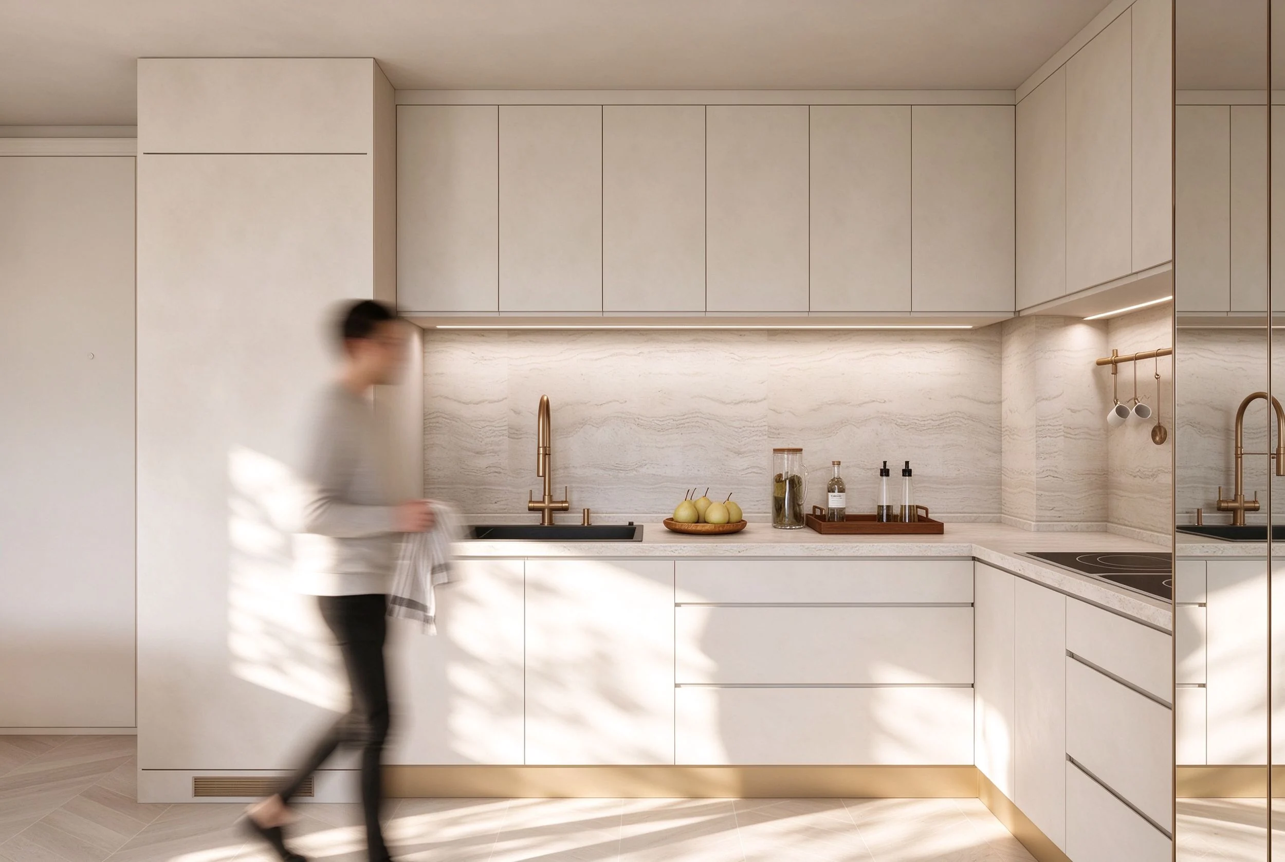 Interior render of a kitchen in daylight