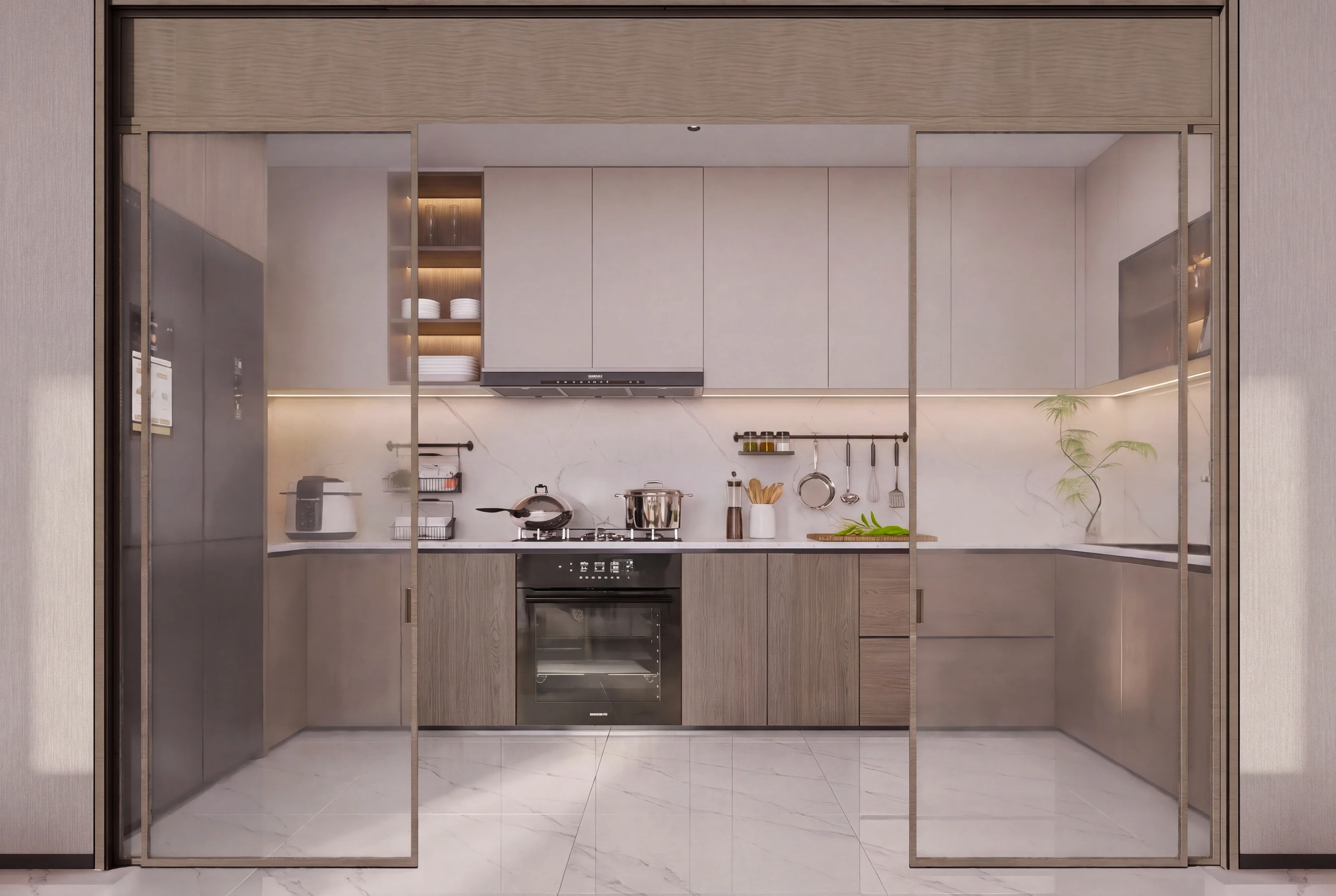 Interior render of kitchen cabinetry and worktops