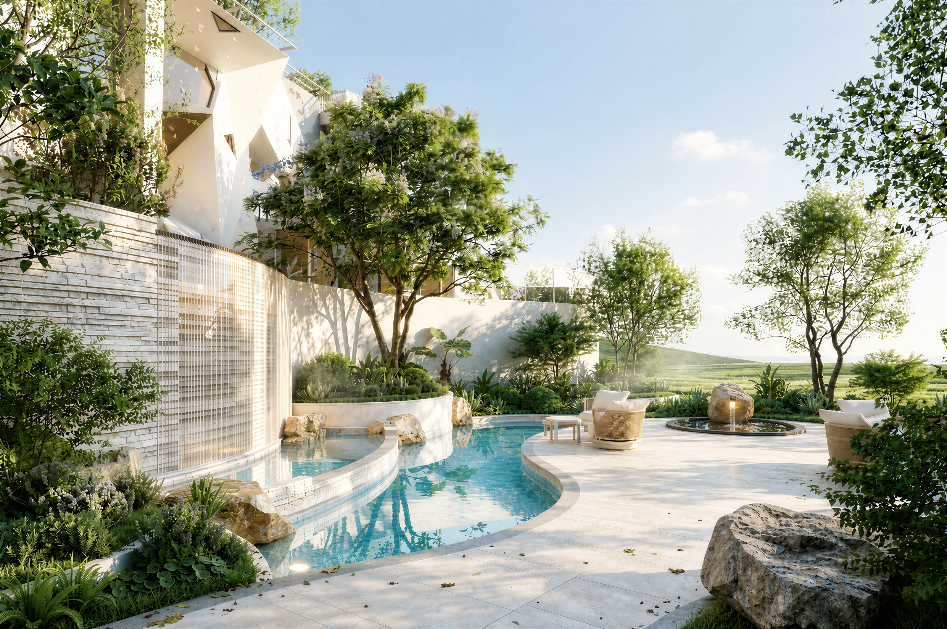 Architectural render of a landscaped outdoor pool
