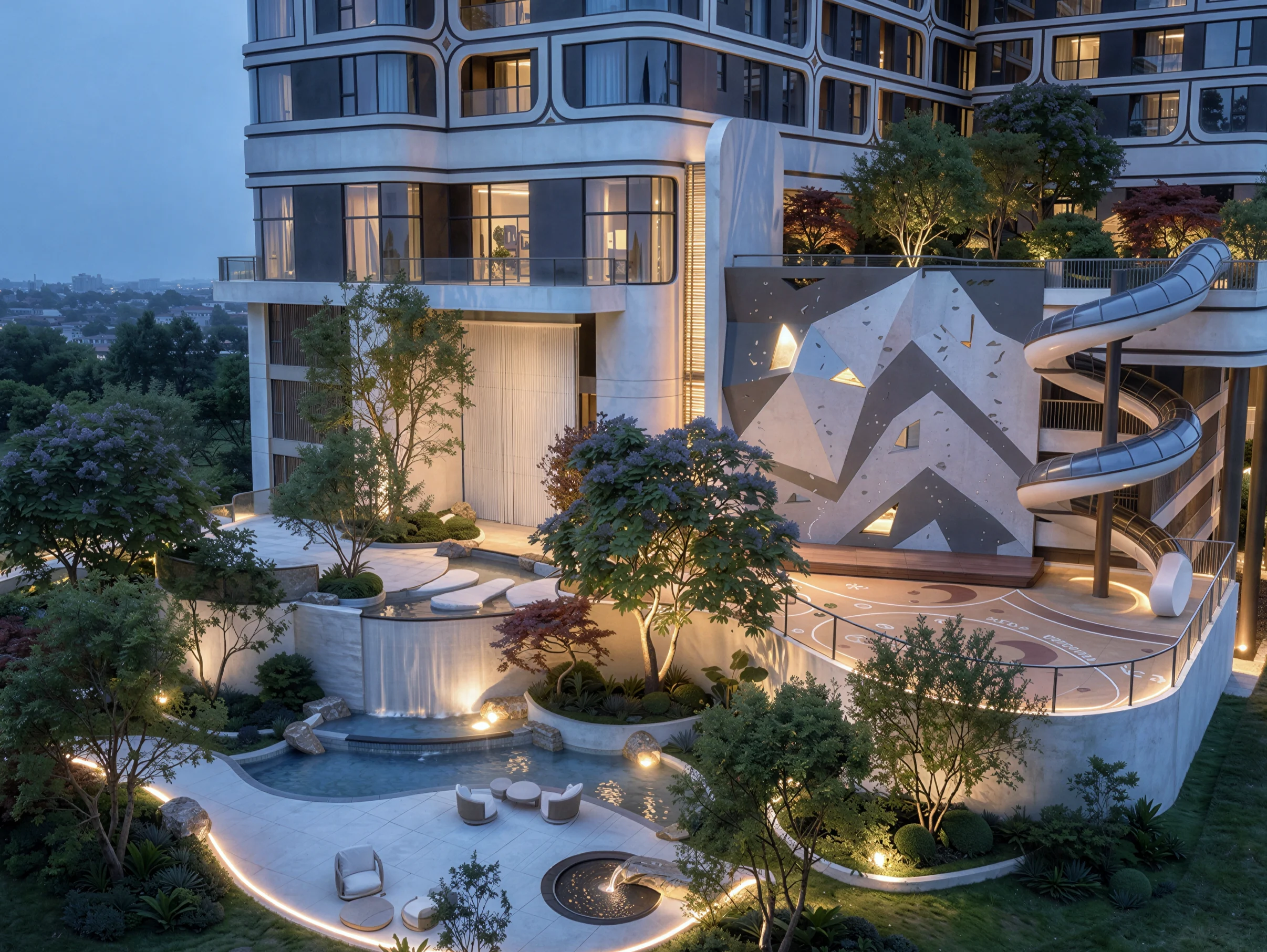 Architectural render of landscaped terraces beside the tower