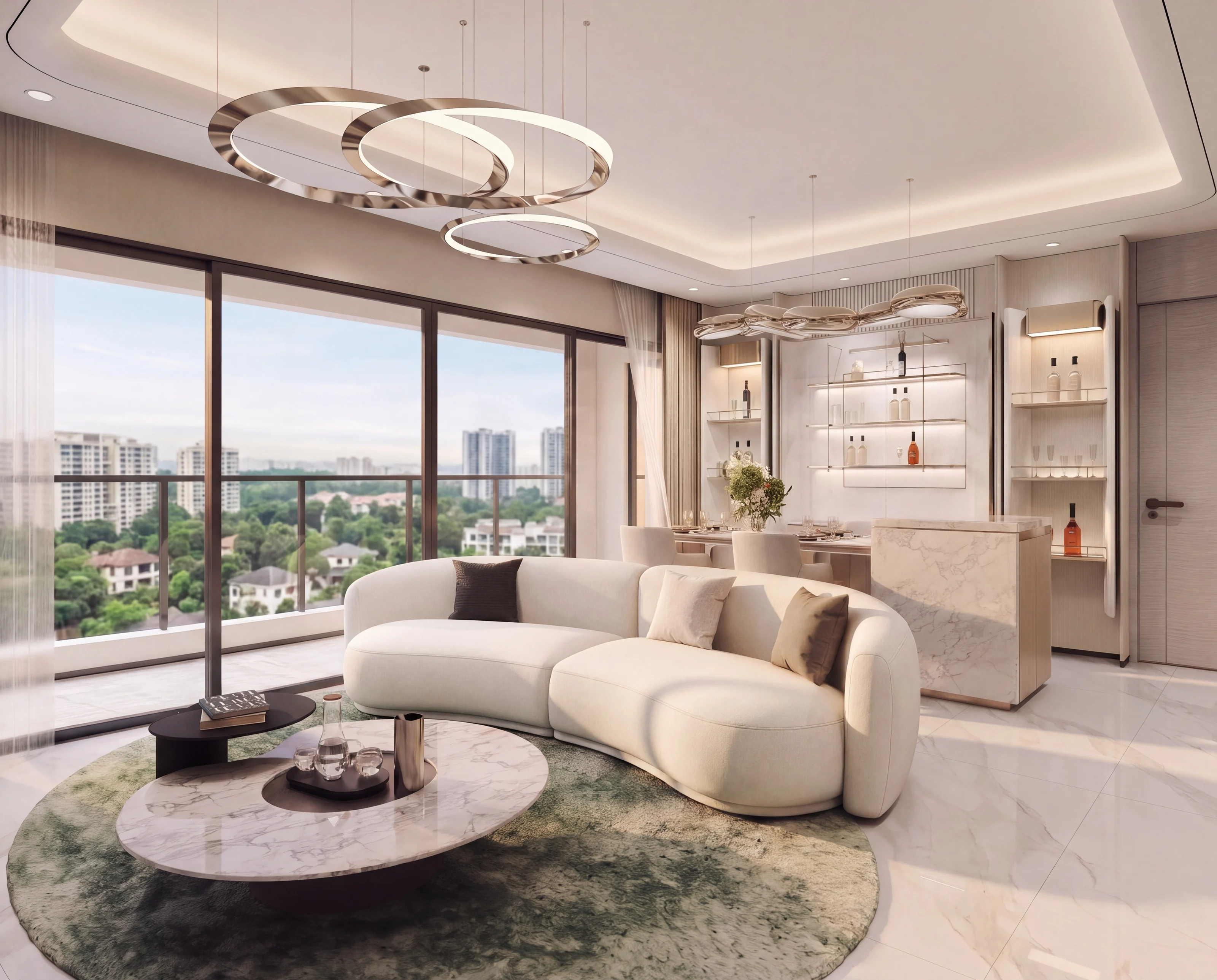 Interior render of a living room opening towards a balcony