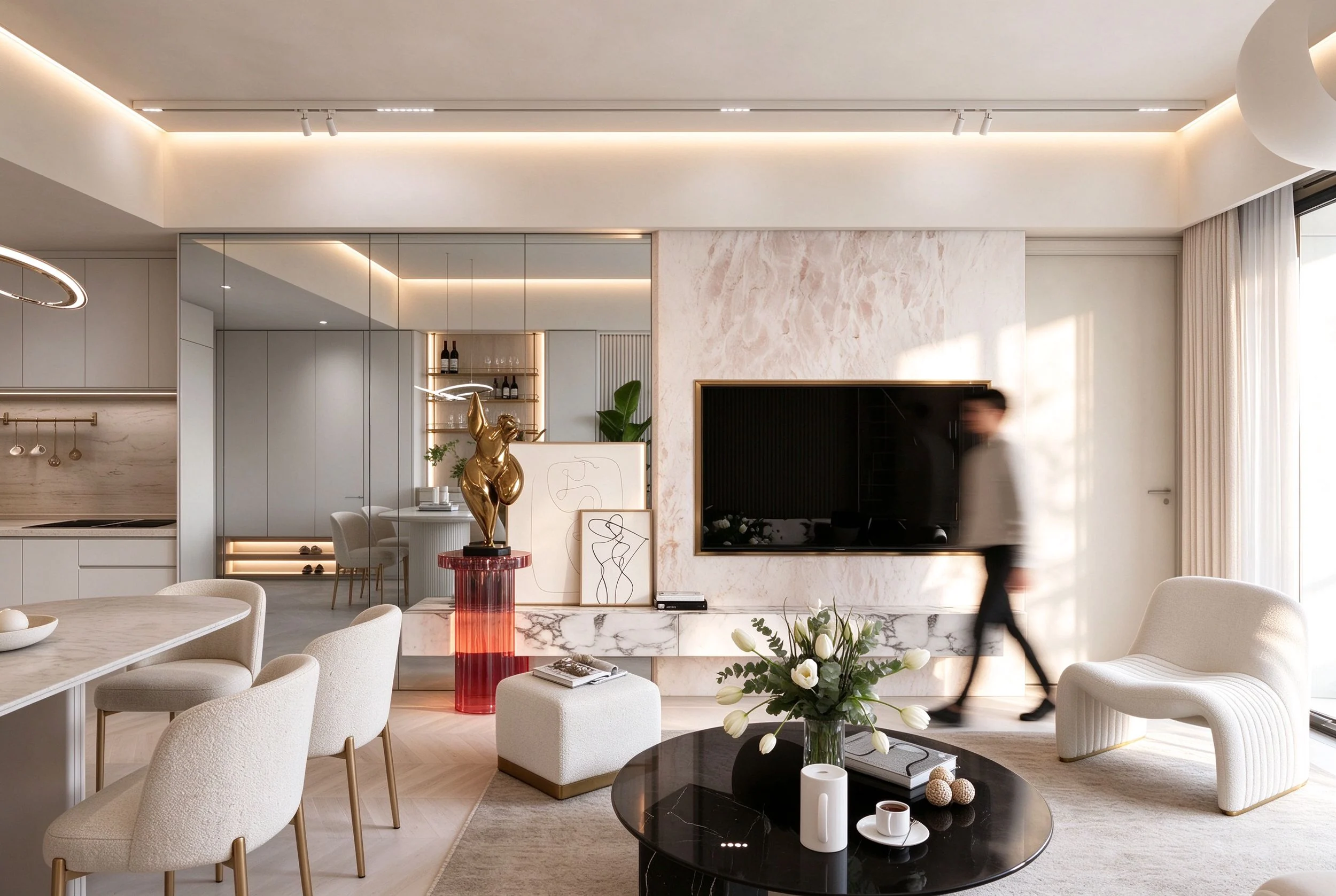 Interior render of a living room and television wall