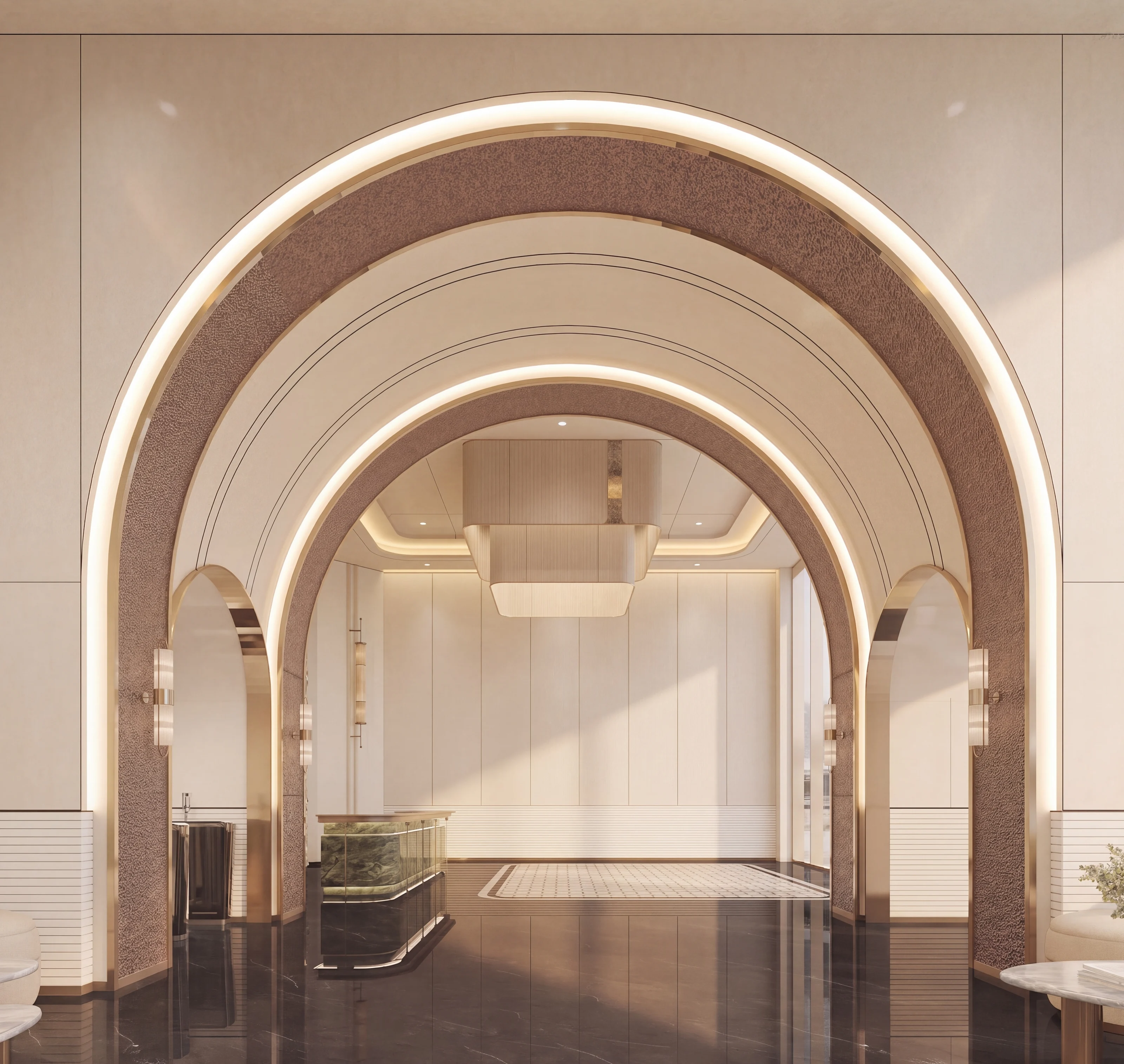Interior render of an arched lobby corridor