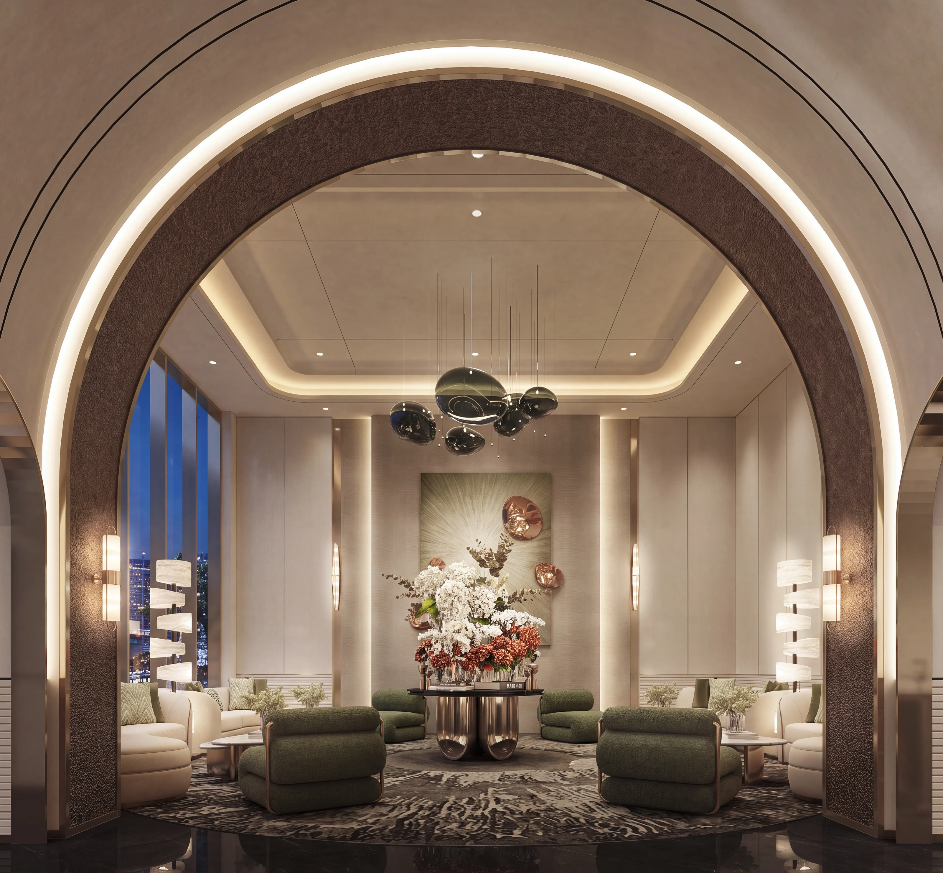 Interior render of the arch and lounge beyond